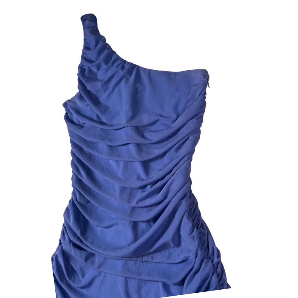 ZESICA Blue One Shoulder Ruched Mesh‎ Midi Dress Bodycon Cocktail L - Picture 9 of 15